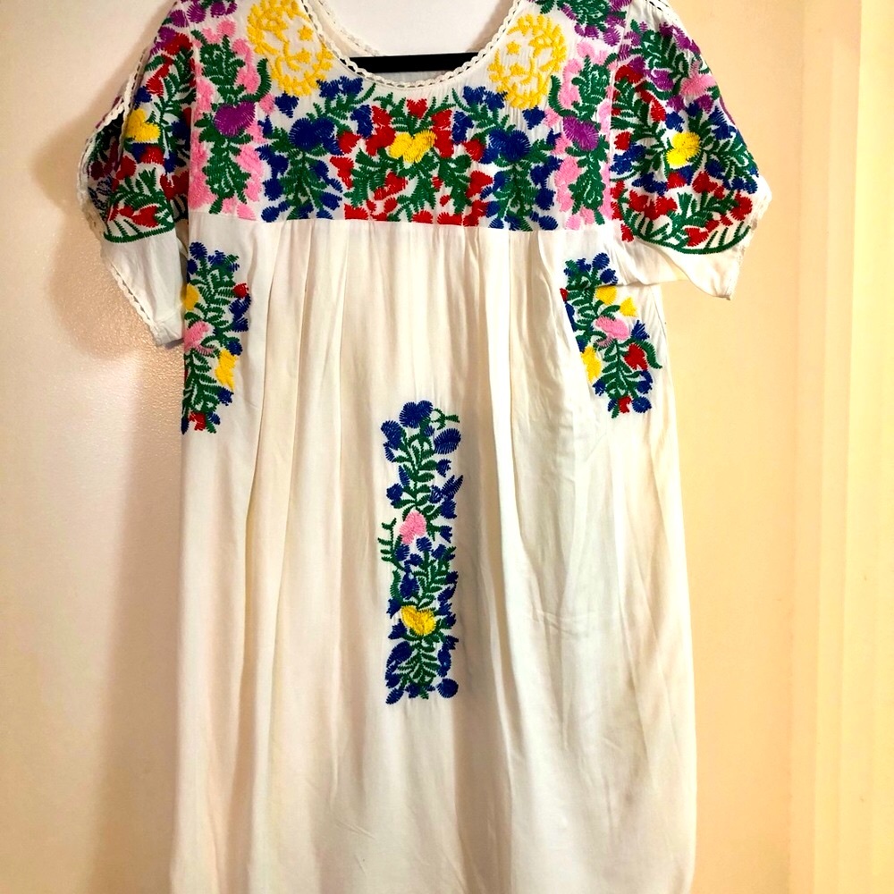 Mexican Dress-White with Beautiful & Colorful Embroidery